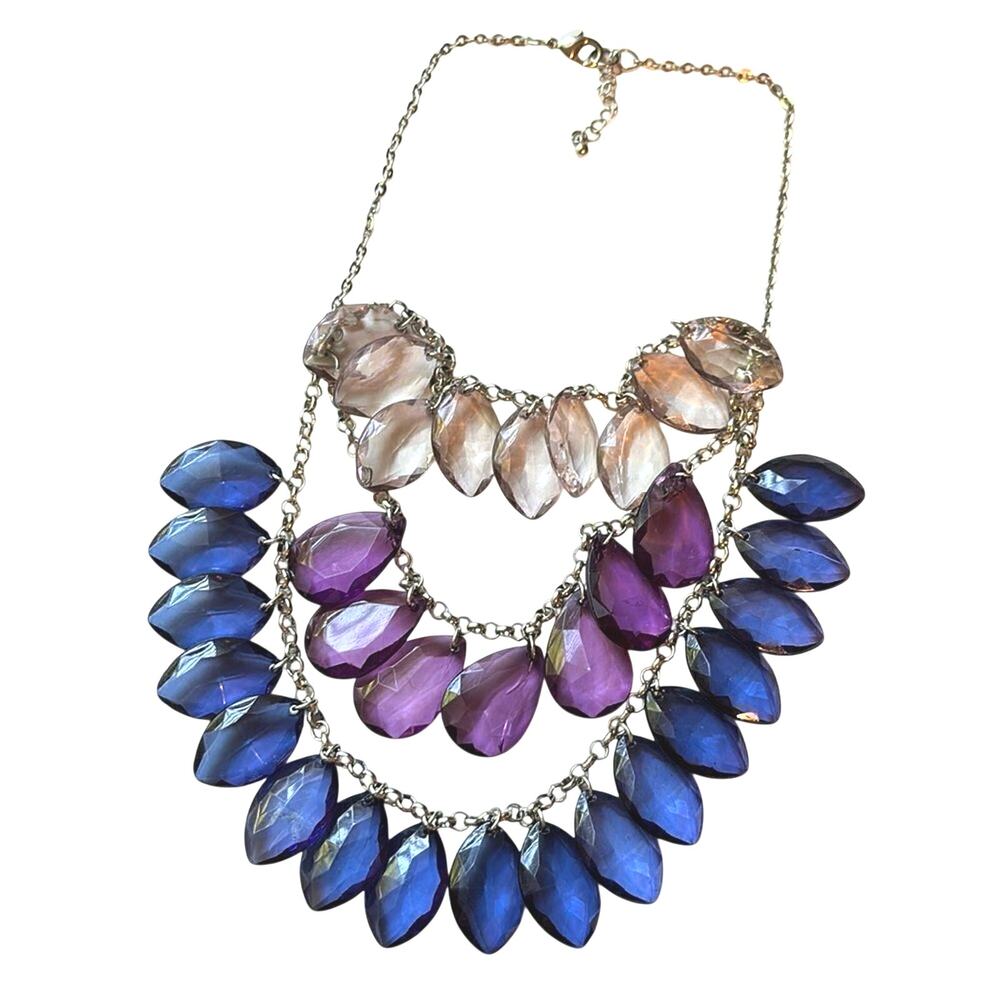 Statement Bib Necklace Blue Purple Faceted Gem Gold Tone Layered Necklace 17”